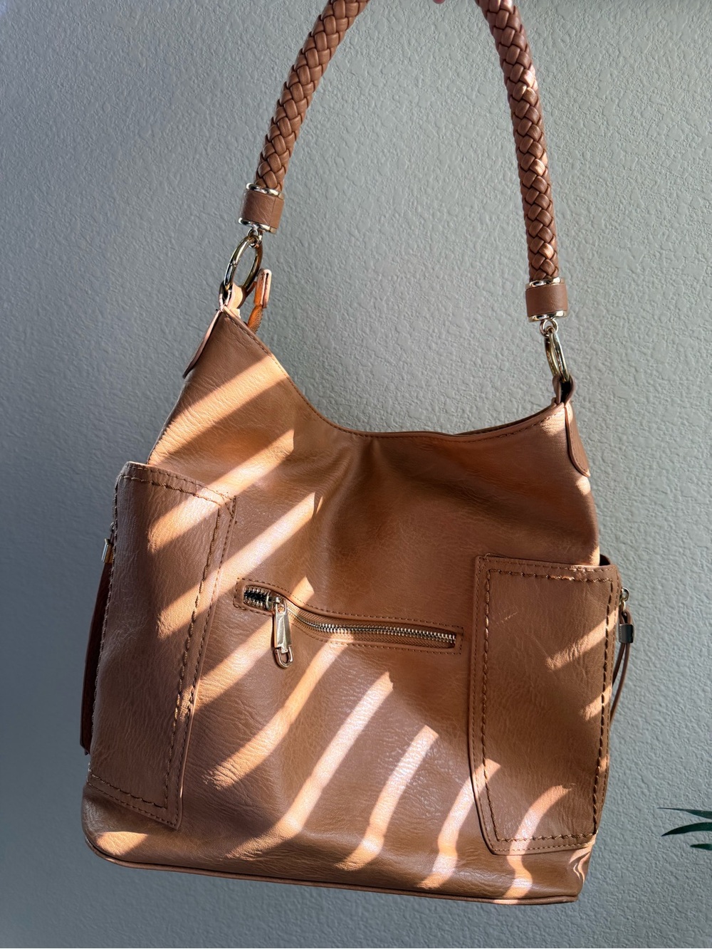 Miztique Braided-Handle Tan Hobo Shoulder Bag